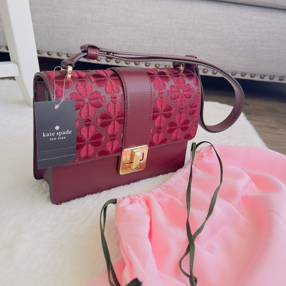 KATE SPADE Maroon Embroidered Floral Limited Edition Crossbody Bag - Picture 11 of 14